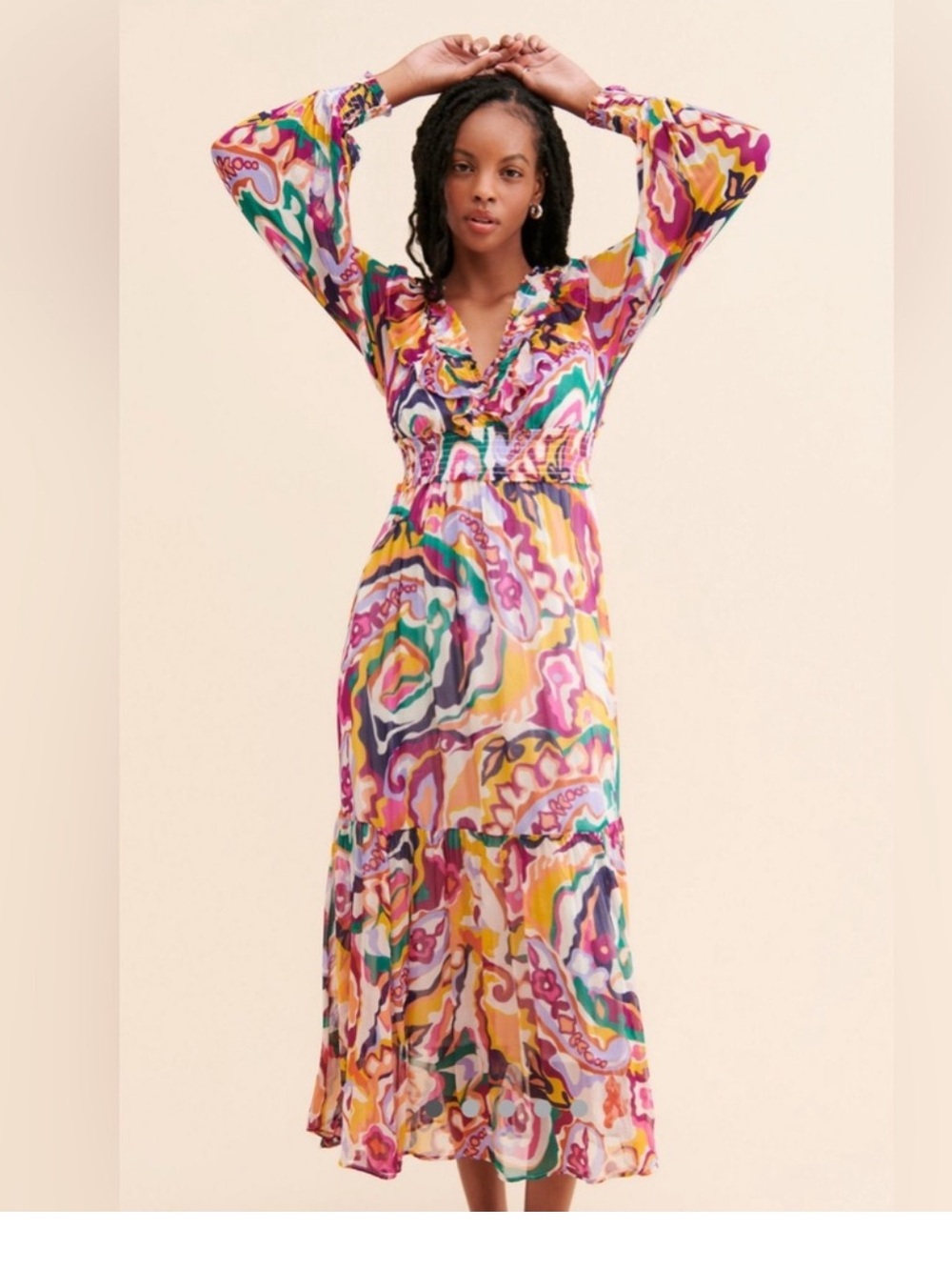 Anthropologie Marais Printed Chiffon Maxi Dress, pink multi Medium
